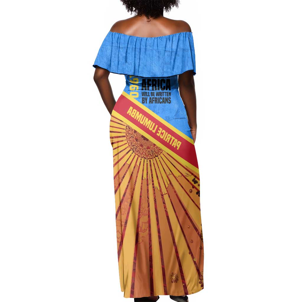 Patrice Lumumba Off Shoulder Maxi Dress with Congolese Flag Colors and African History Quote - African Pride