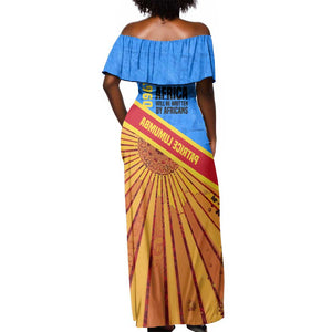 Patrice Lumumba Off Shoulder Maxi Dress with Congolese Flag Colors and African History Quote - African Pride