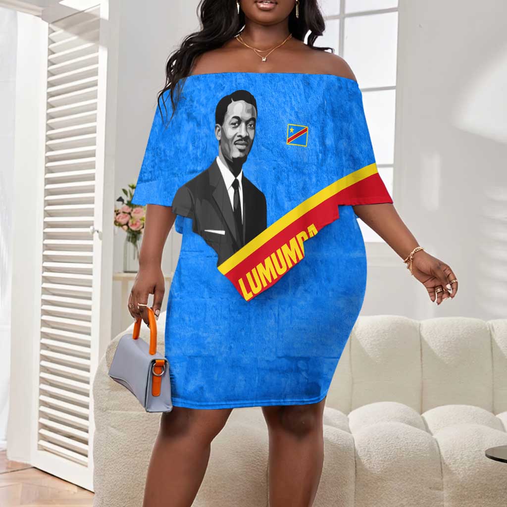Patrice Lumumba Off Shoulder Short Dress with Congolese Flag Colors and African History Quote - African Pride