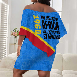 Patrice Lumumba Off Shoulder Short Dress with Congolese Flag Colors and African History Quote - African Pride