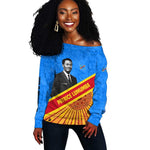Patrice Lumumba Off Shoulder Sweater with Congolese Flag Colors and African History Quote - African Pride
