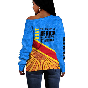 Patrice Lumumba Off Shoulder Sweater with Congolese Flag Colors and African History Quote - African Pride