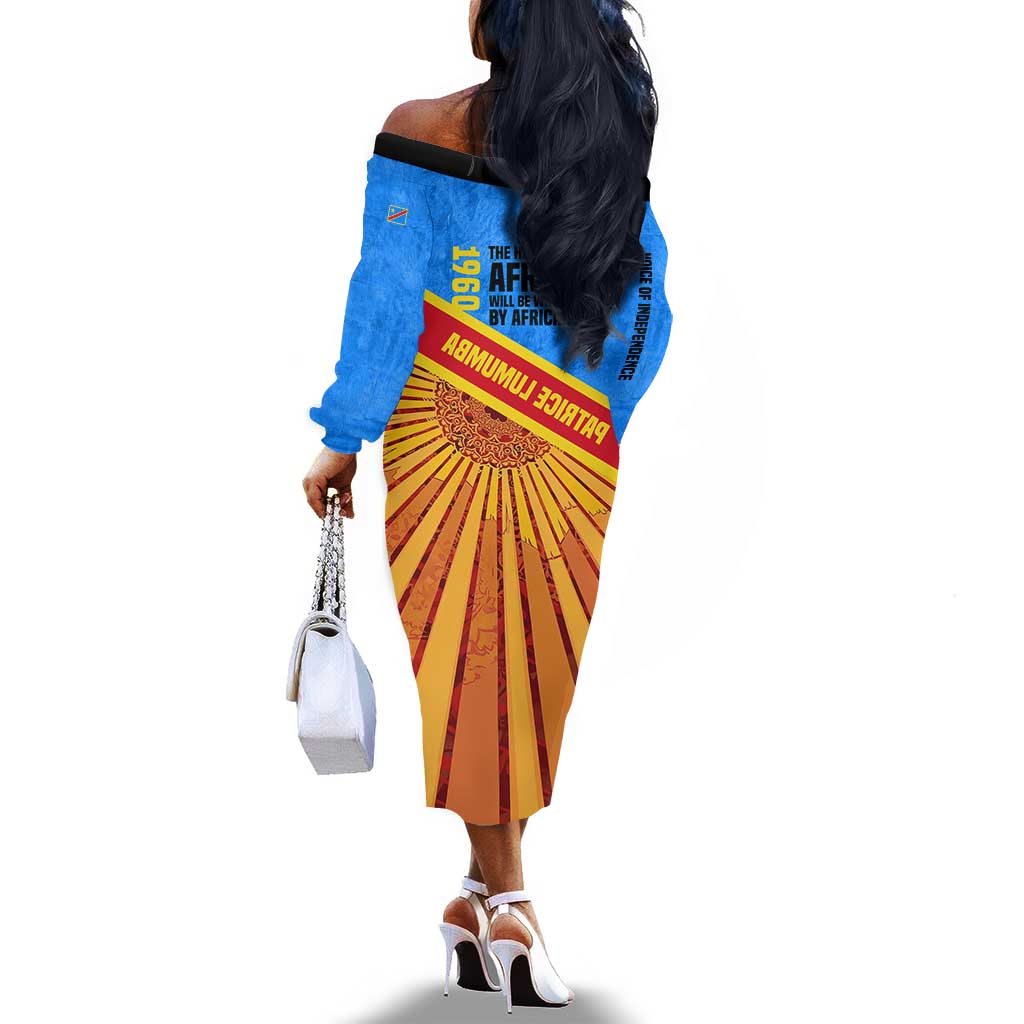Patrice Lumumba Off The Shoulder Long Sleeve Dress with Congolese Flag  Colors and African History Quote by African Pride