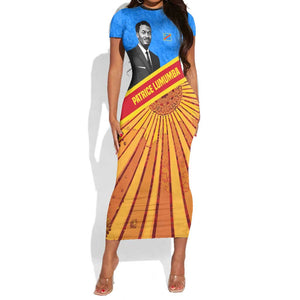 Patrice Lumumba Short Sleeve Bodycon Dress with Congolese Flag Colors and African History Quote - African Pride