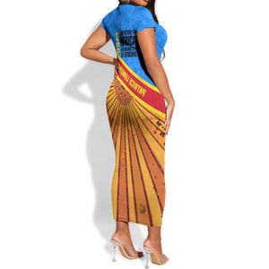 Patrice Lumumba Short Sleeve Bodycon Dress with Congolese Flag Colors and African History Quote - African Pride