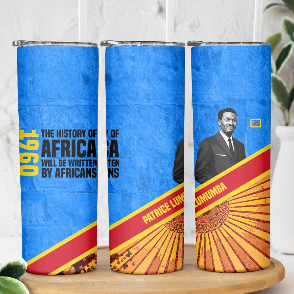 Patrice Lumumba Skinny Tumbler with Congolese Flag Colors and African History Quote - African Pride