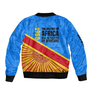 Patrice Lumumba Sleeve Zip Bomber Jacket with Congolese Flag Colors and African History Quote - African Pride