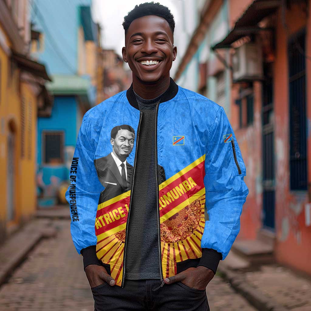 Patrice Lumumba Sleeve Zip Bomber Jacket with Congolese Flag Colors and African History Quote - African Pride