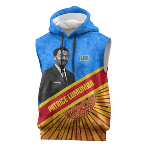 Patrice Lumumba Sleeveless Hoodie with Congolese Flag Colors and African History Quote - African Pride