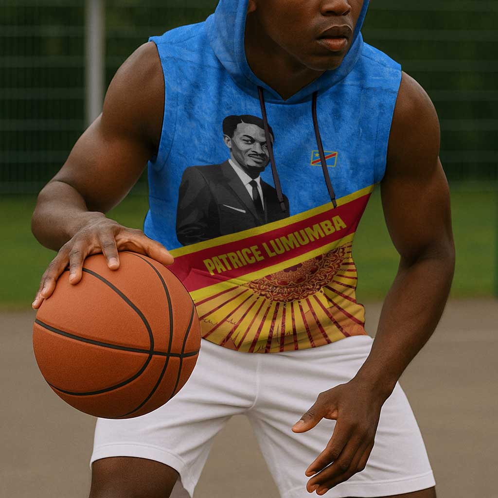 Patrice Lumumba Sleeveless Hoodie with Congolese Flag Colors and African History Quote - African Pride