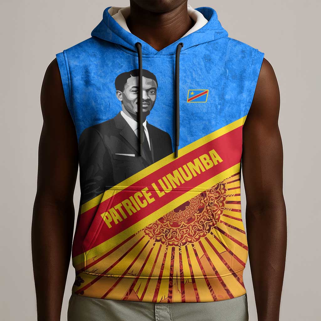 Patrice Lumumba Sleeveless Hoodie with Congolese Flag Colors and African History Quote - African Pride