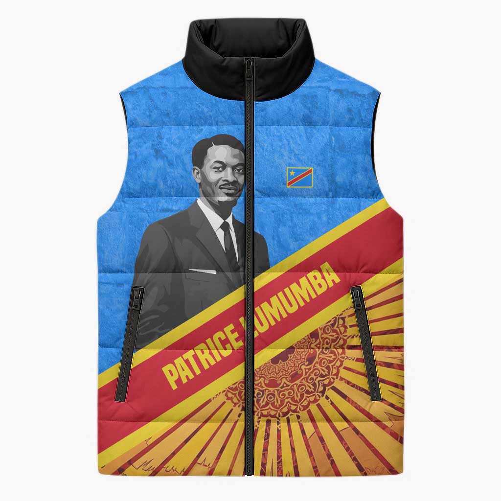 Patrice Lumumba Sleeveless Puffer Jacket with Congolese Flag Colors and African History Quote - African Pride