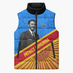 Patrice Lumumba Sleeveless Puffer Jacket with Congolese Flag Colors and African History Quote - African Pride