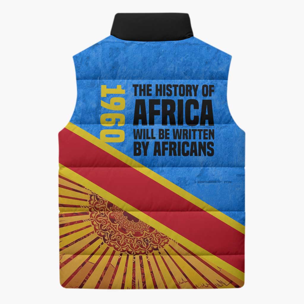Patrice Lumumba Sleeveless Puffer Jacket with Congolese Flag Colors and African History Quote - African Pride