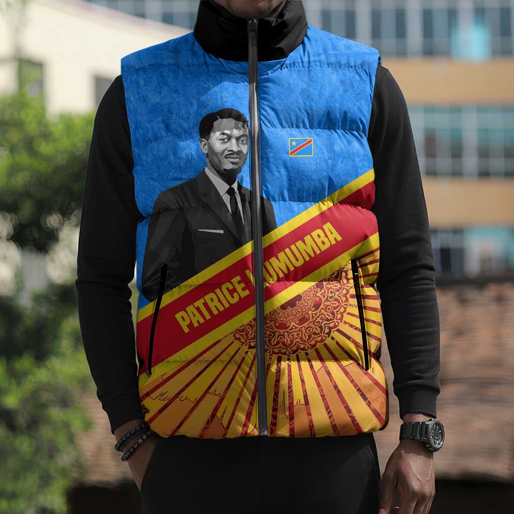 Patrice Lumumba Sleeveless Puffer Jacket with Congolese Flag Colors and African History Quote - African Pride