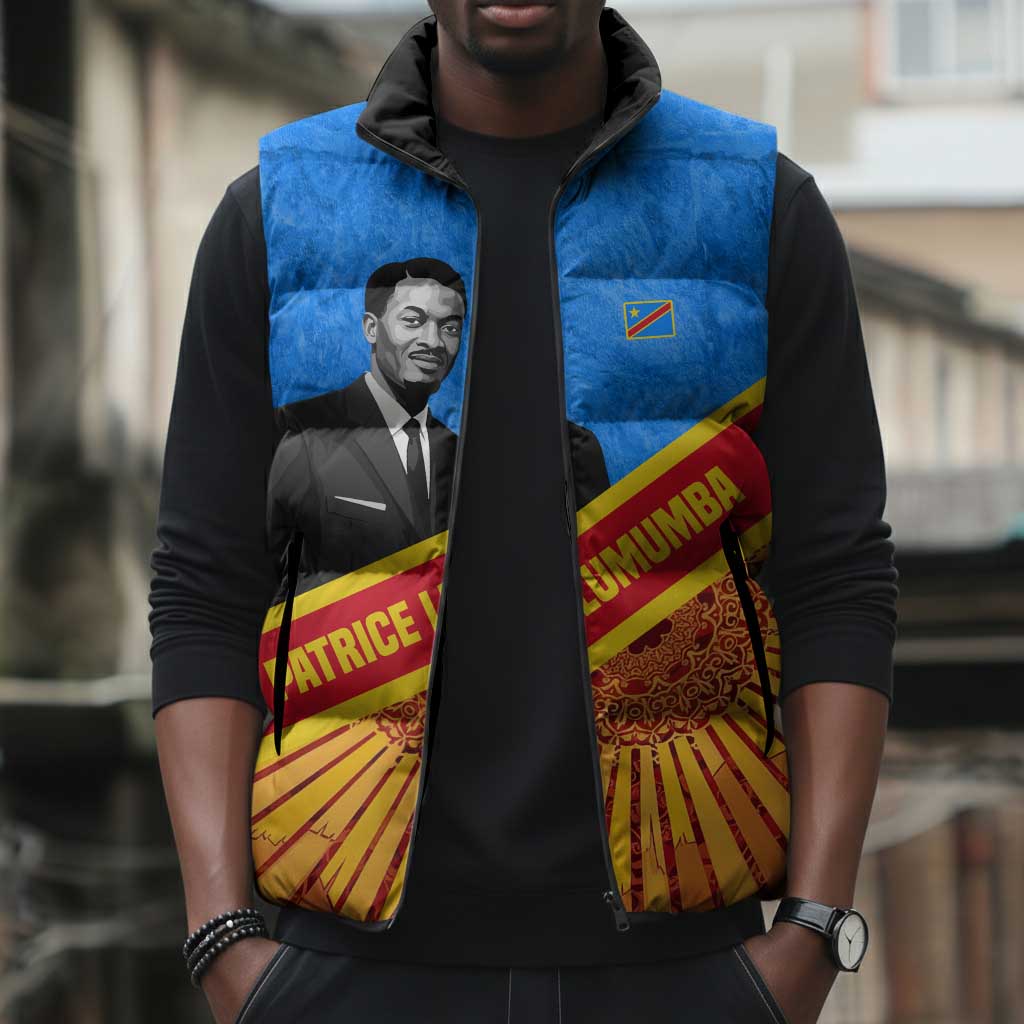 Patrice Lumumba Sleeveless Puffer Jacket with Congolese Flag Colors and African History Quote - African Pride