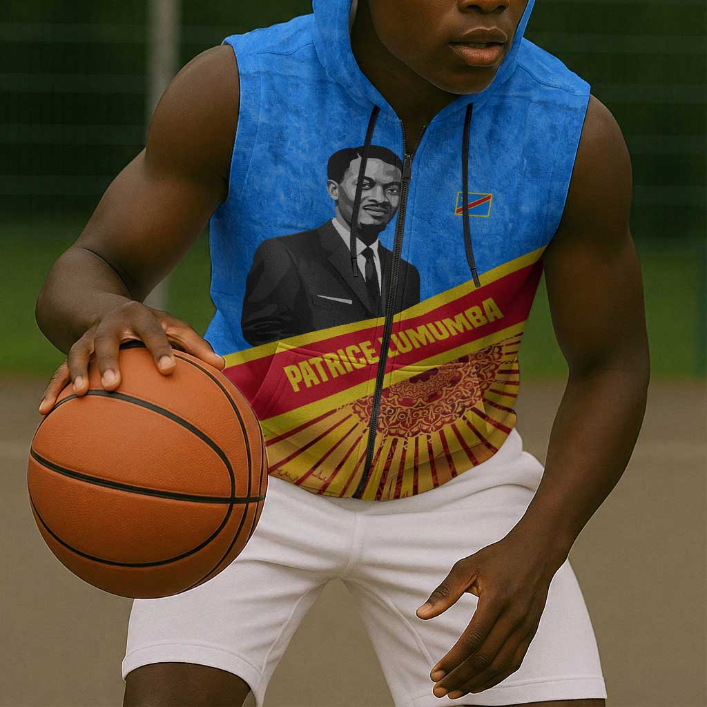 Patrice Lumumba Sleeveless Zip Hoodie with Congolese Flag Colors and African History Quote - African Pride
