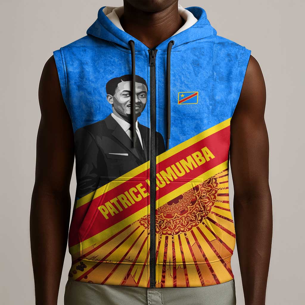Patrice Lumumba Sleeveless Zip Hoodie with Congolese Flag Colors and African History Quote - African Pride