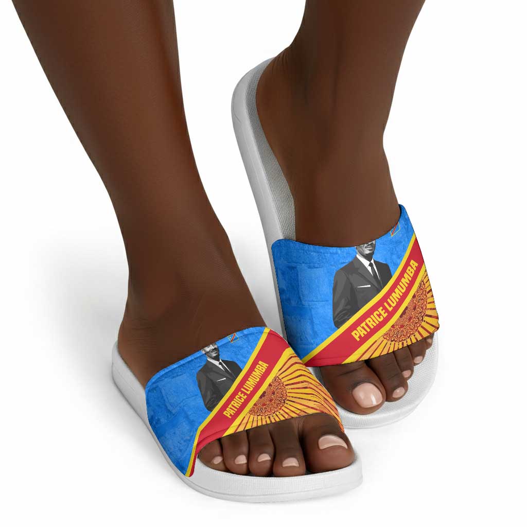 Patrice Lumumba Slide Sandals with Congolese Flag Colors and African History Quote - African Pride
