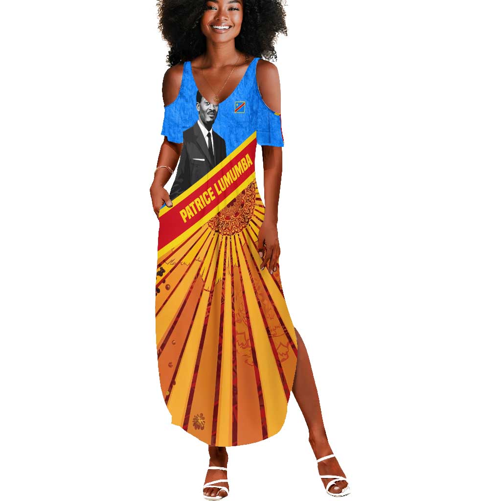 Patrice Lumumba Summer Maxi Dress with Congolese Flag Colors and African History Quote - African Pride