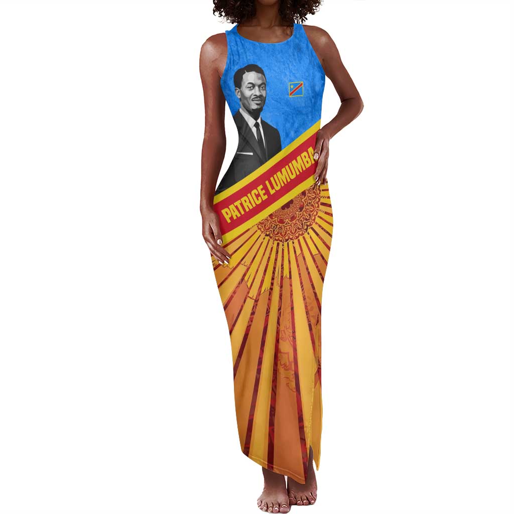 Patrice Lumumba Tank Maxi Dress with Congolese Flag Colors and African History Quote - African Pride