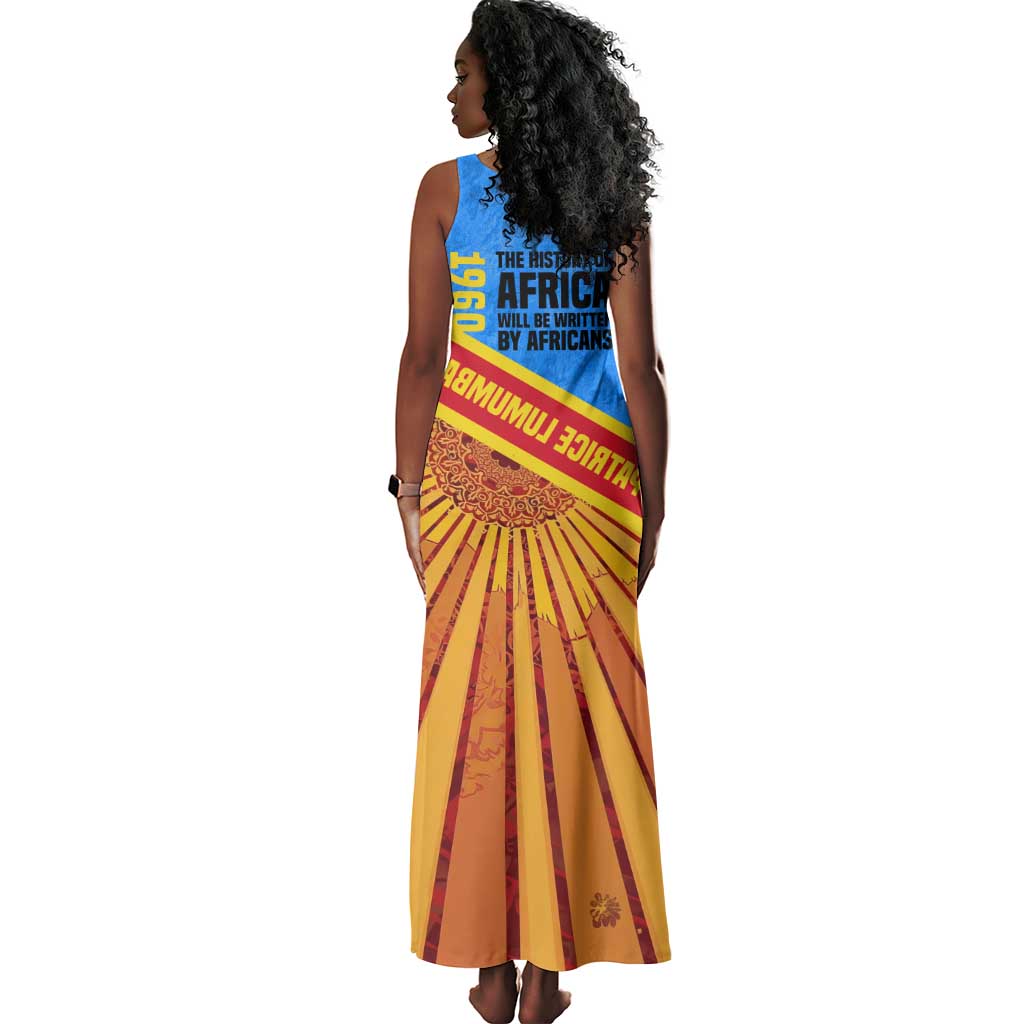 Patrice Lumumba Tank Maxi Dress with Congolese Flag Colors and African History Quote - African Pride