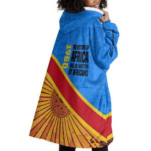 Patrice Lumumba Wearable Blanket Hoodie with Congolese Flag Colors and African History Quote - African Pride