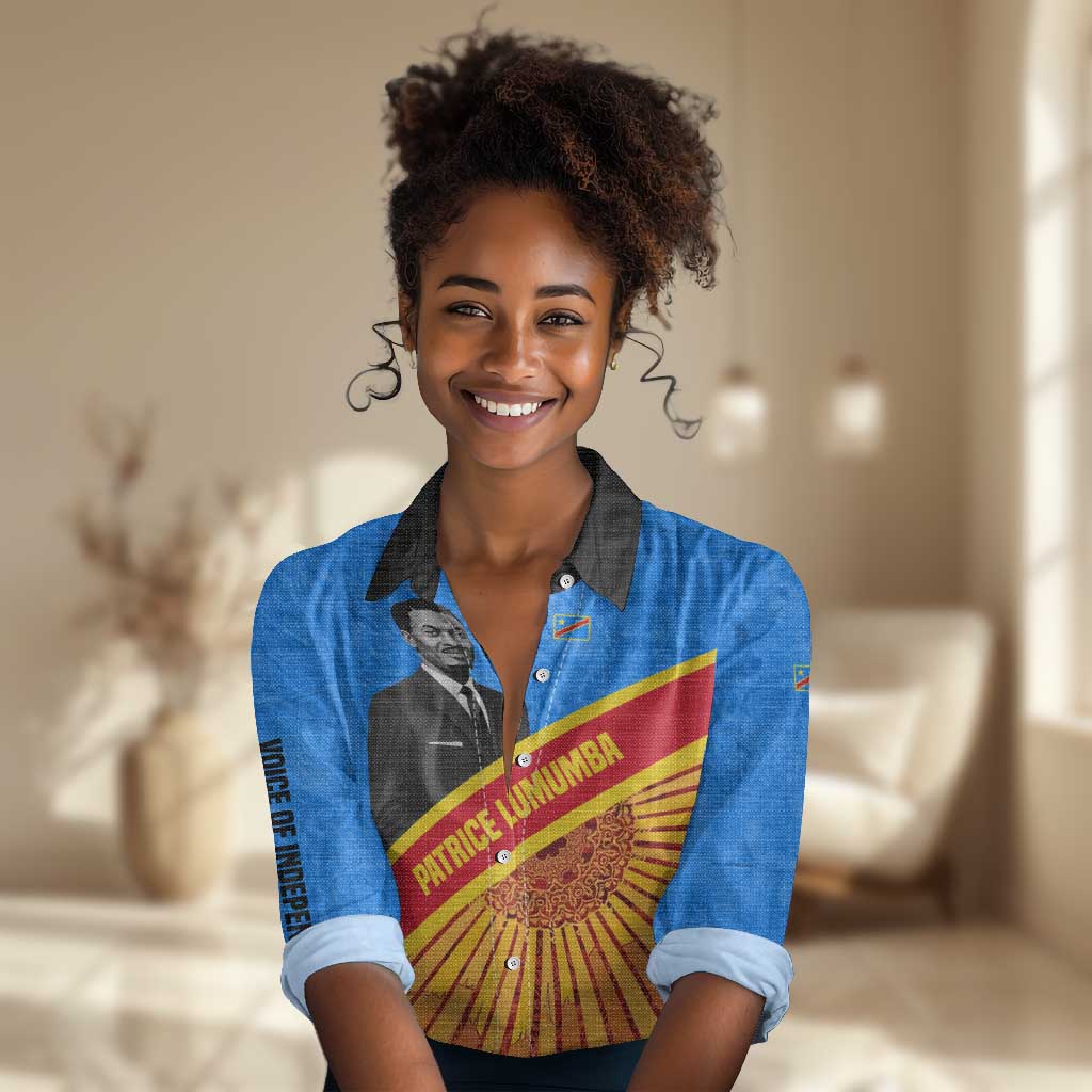 Patrice Lumumba Women Casual Shirt with Congolese Flag Colors and African History Quote - African Pride