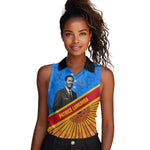 Patrice Lumumba Women Sleeveless Polo Shirt with Congolese Flag Colors and African History Quote - African Pride