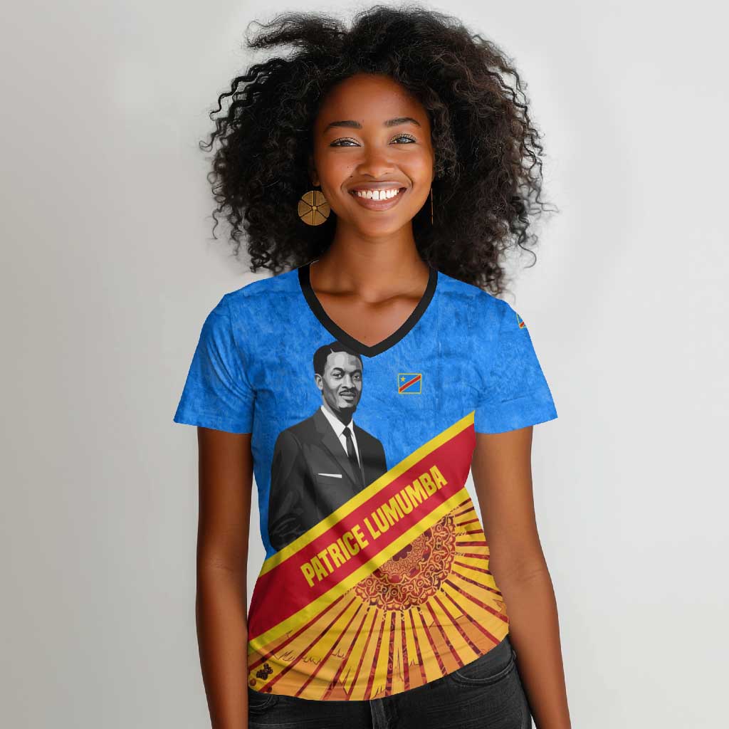 Patrice Lumumba Women V-Neck T-Shirt with Congolese Flag Colors and African History Quote - African Pride