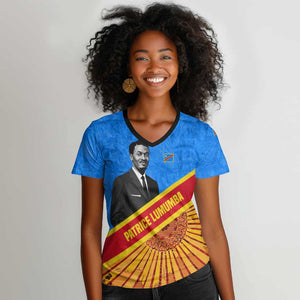 Patrice Lumumba Women V-Neck T-Shirt with Congolese Flag Colors and African History Quote - African Pride