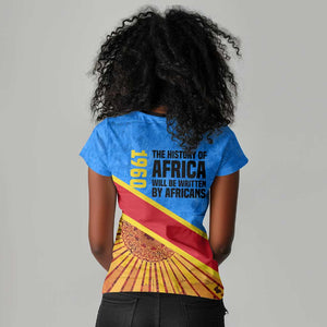 Patrice Lumumba Women V-Neck T-Shirt with Congolese Flag Colors and African History Quote - African Pride