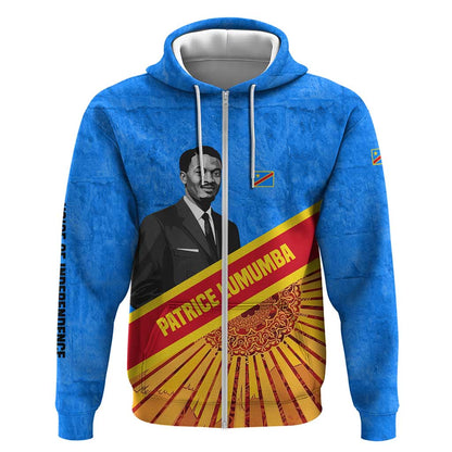 Patrice Lumumba Zip Hoodie with Congolese Flag Colors and African History Quote - African Pride