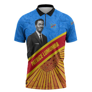 Patrice Lumumba Zipper Polo Shirt with Congolese Flag Colors and African History Quote - African Pride