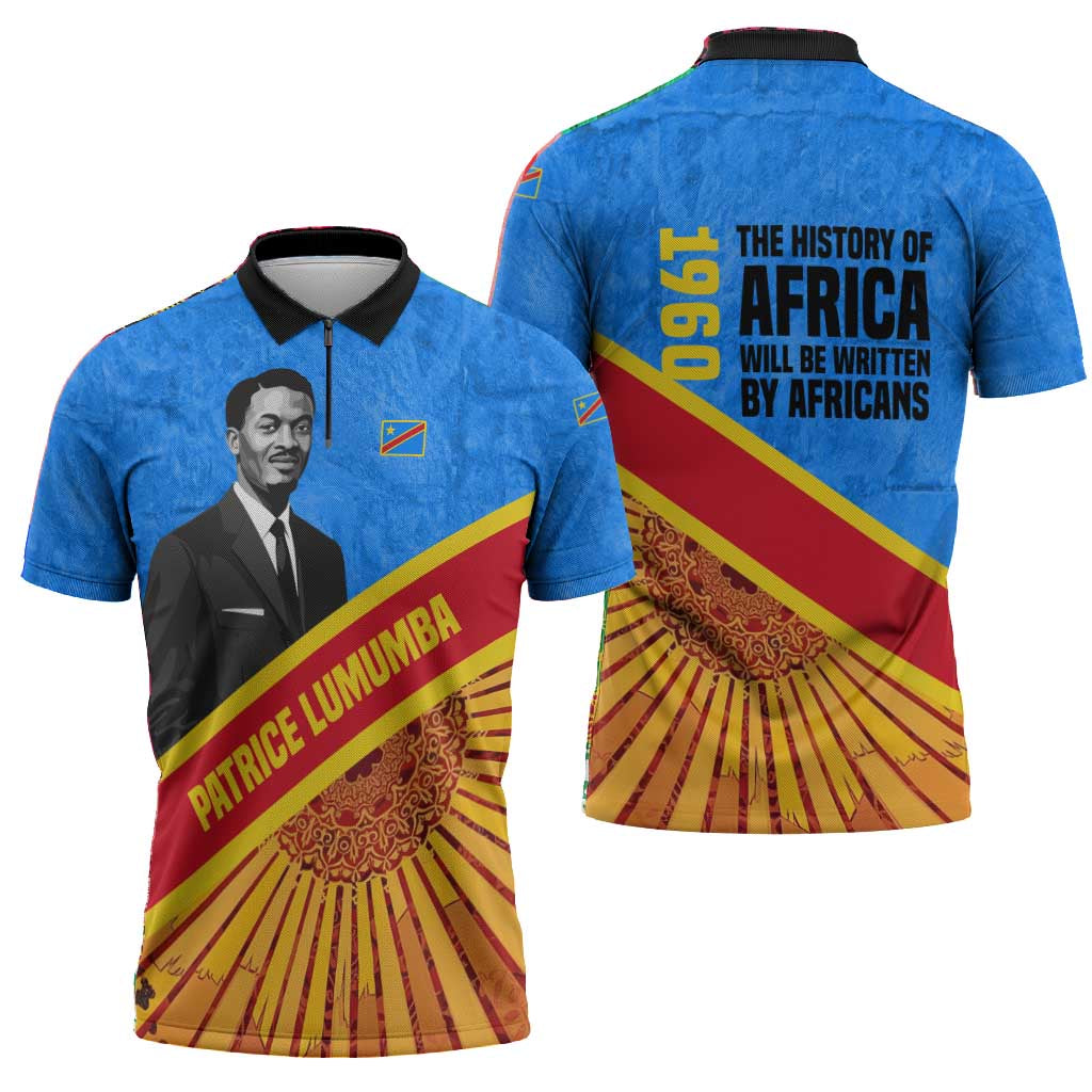 Patrice Lumumba Zipper Polo Shirt with Congolese Flag Colors and African History Quote - African Pride