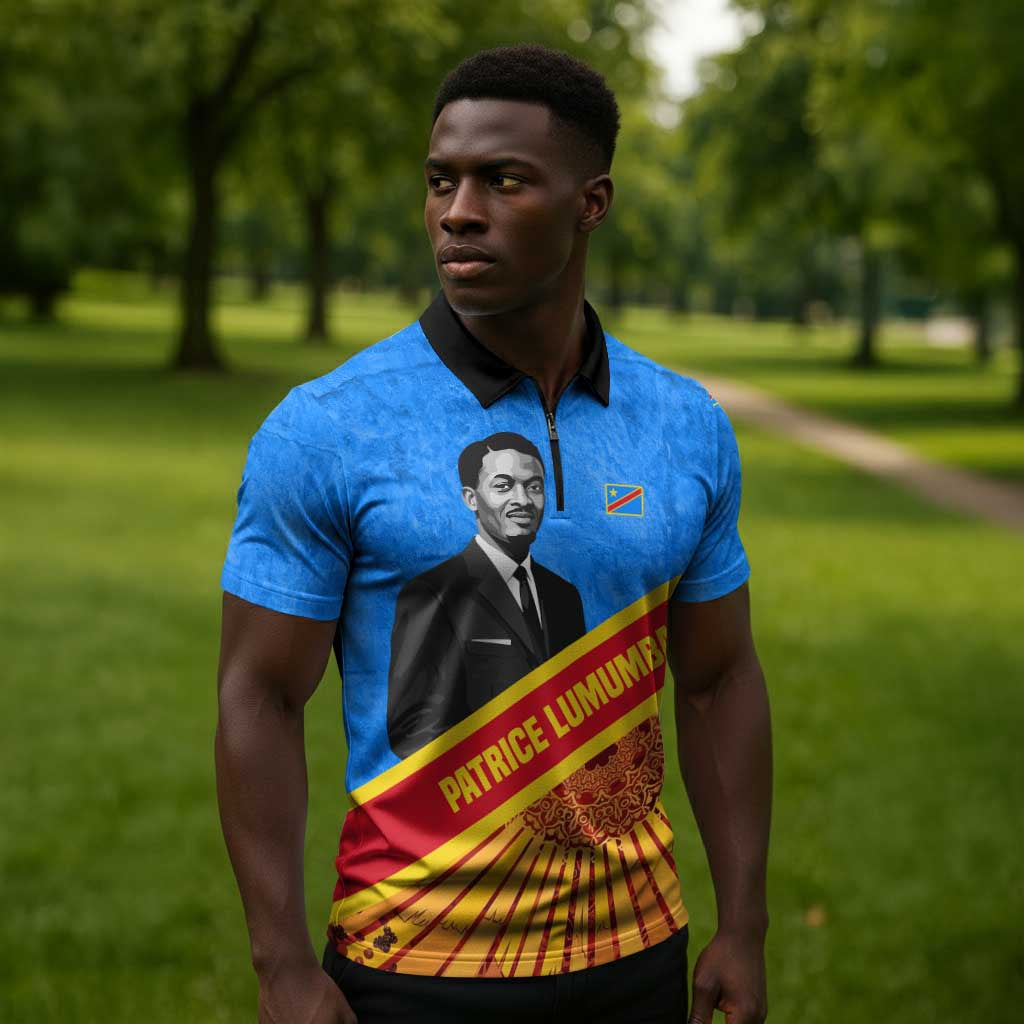 Patrice Lumumba Zipper Polo Shirt with Congolese Flag Colors and African History Quote - African Pride