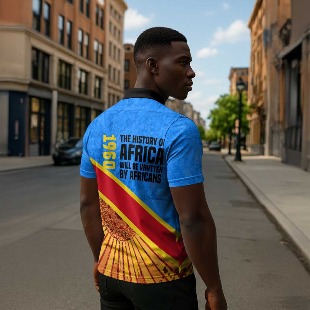 Patrice Lumumba Zipper Polo Shirt with Congolese Flag Colors and African History Quote - African Pride