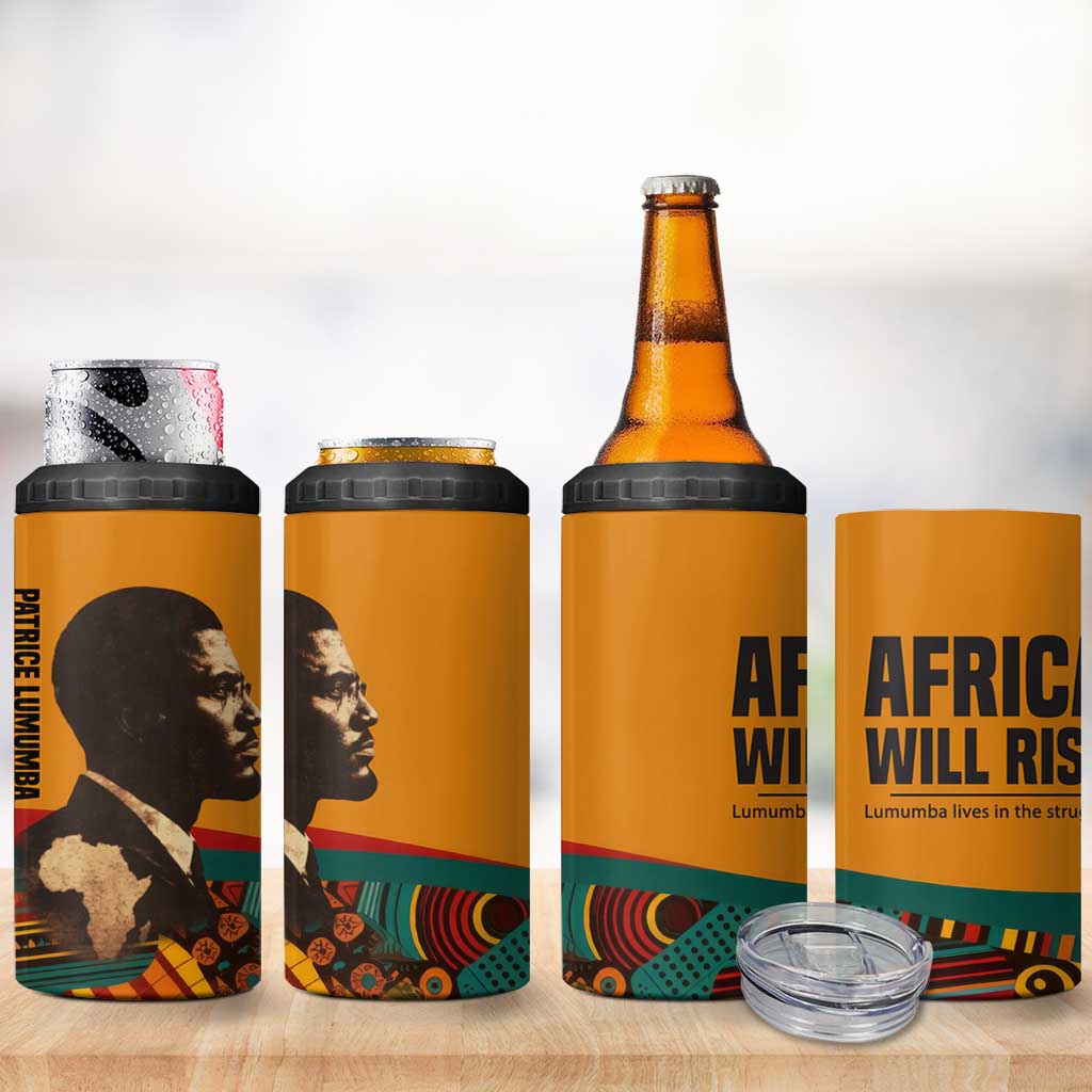 Patrice Lumumba 4 in 1 Can Cooler Tumbler with Profile Portrait and Bold Africa Will Rise Statement - African Pride