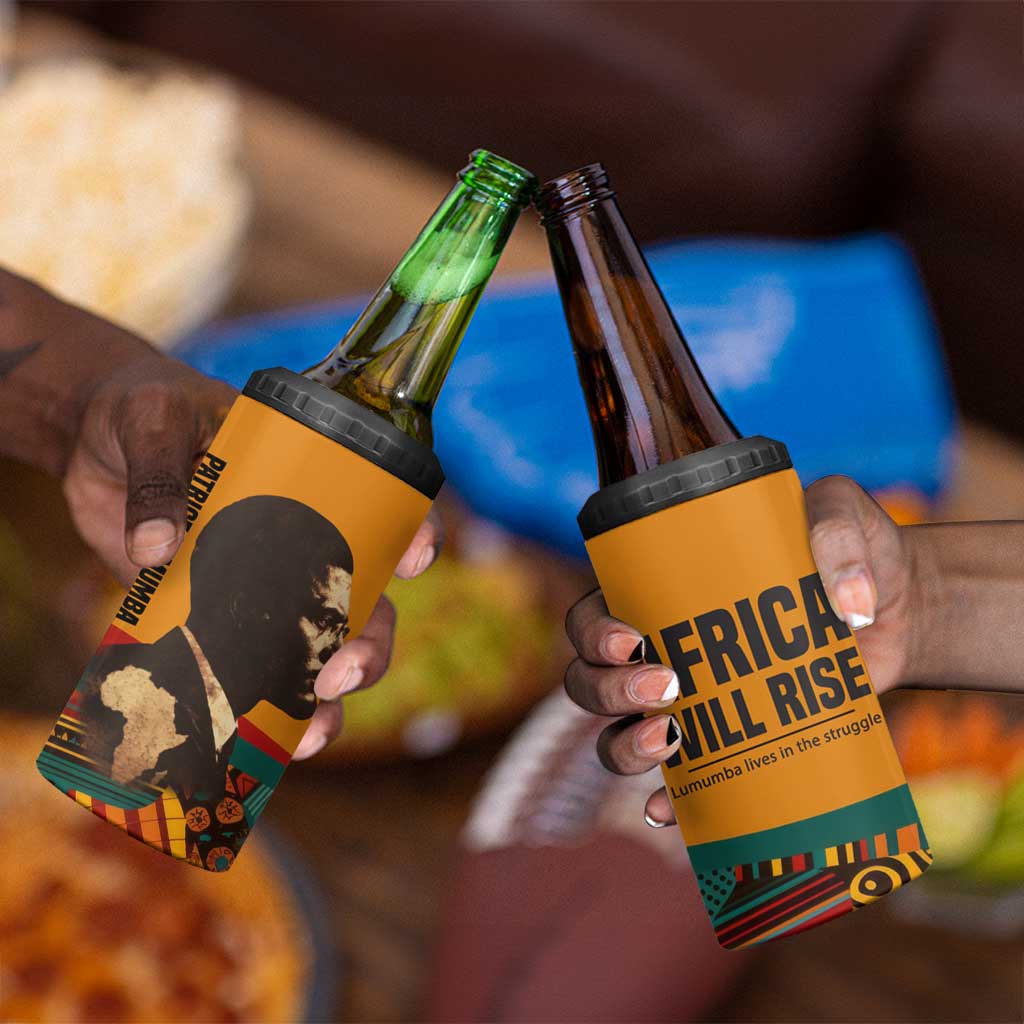Patrice Lumumba 4 in 1 Can Cooler Tumbler with Profile Portrait and Bold Africa Will Rise Statement - African Pride
