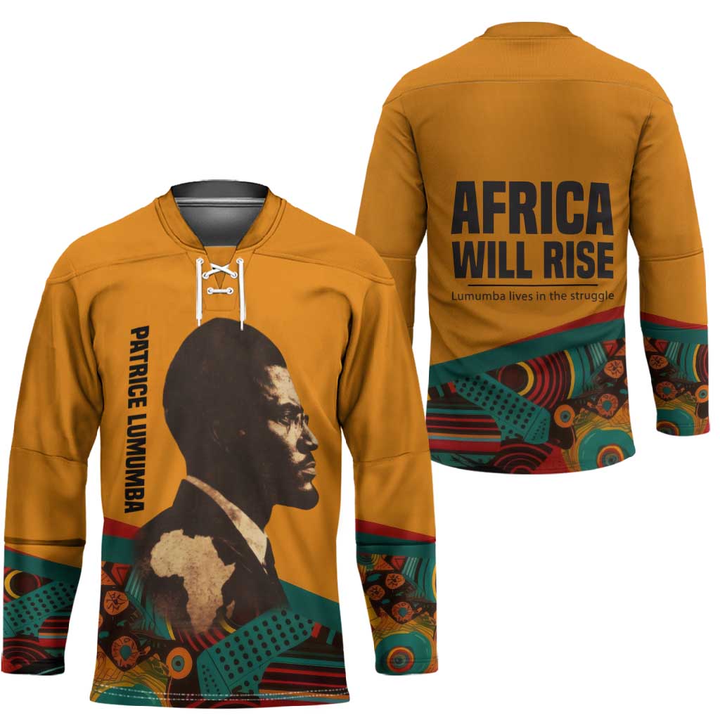 Patrice Lumumba Hockey Jersey with Profile Portrait and Bold Africa Will Rise Statement - African Pride