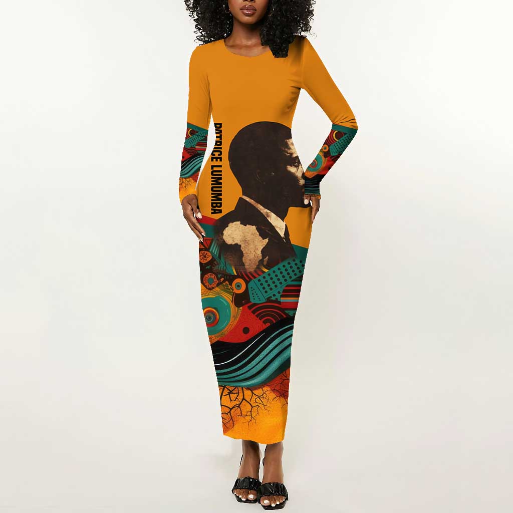 Patrice Lumumba Long Sleeve Bodycon Dress with Profile Portrait and Bold Africa Will Rise Statement - African Pride