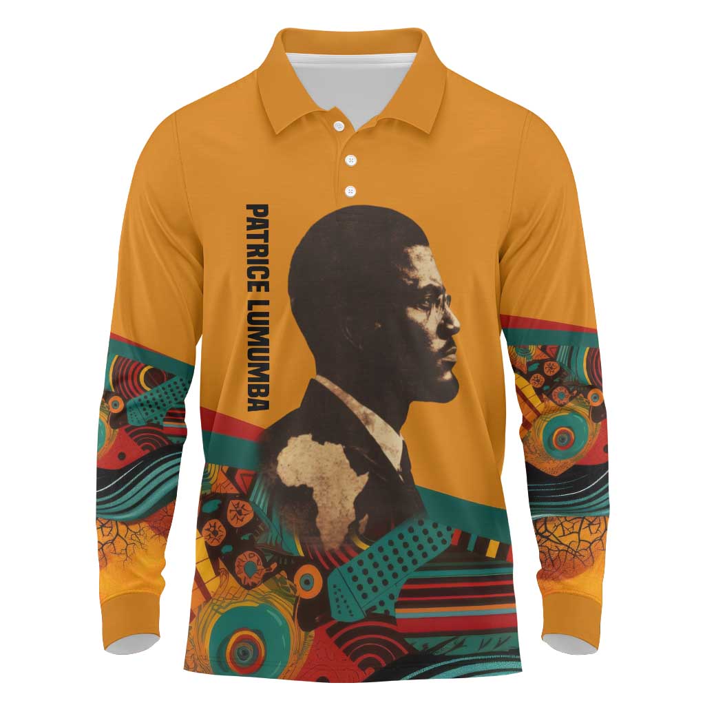 Patrice Lumumba Long Sleeve Polo Shirt with Profile Portrait and Bold Africa Will Rise Statement - African Pride