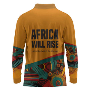 Patrice Lumumba Long Sleeve Polo Shirt with Profile Portrait and Bold Africa Will Rise Statement - African Pride