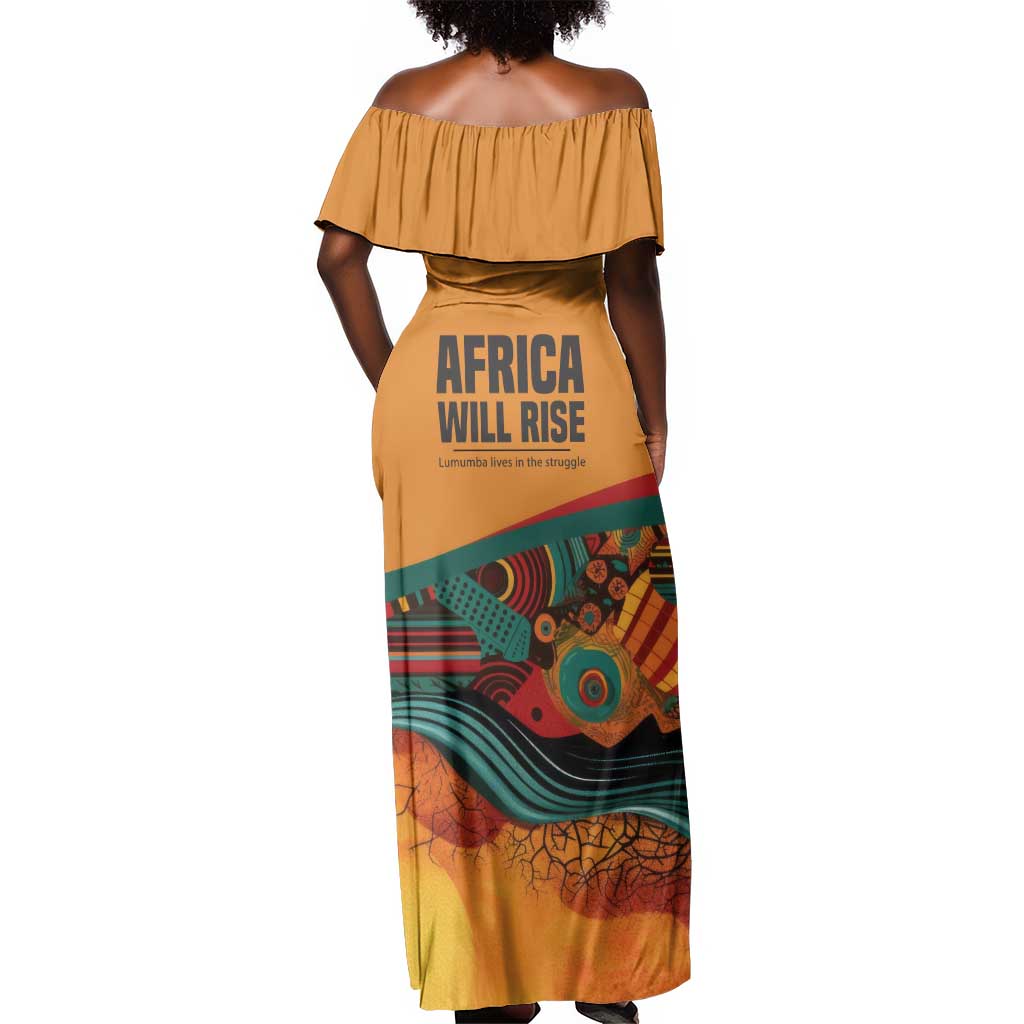 Patrice Lumumba Off Shoulder Maxi Dress with Profile Portrait and Bold Africa Will Rise Statement - African Pride
