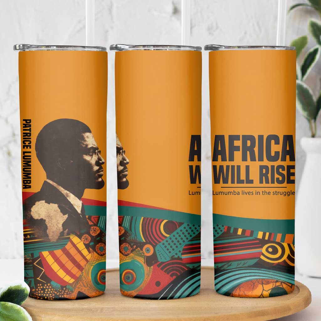 Patrice Lumumba Skinny Tumbler with Profile Portrait and Bold Africa Will Rise Statement - African Pride