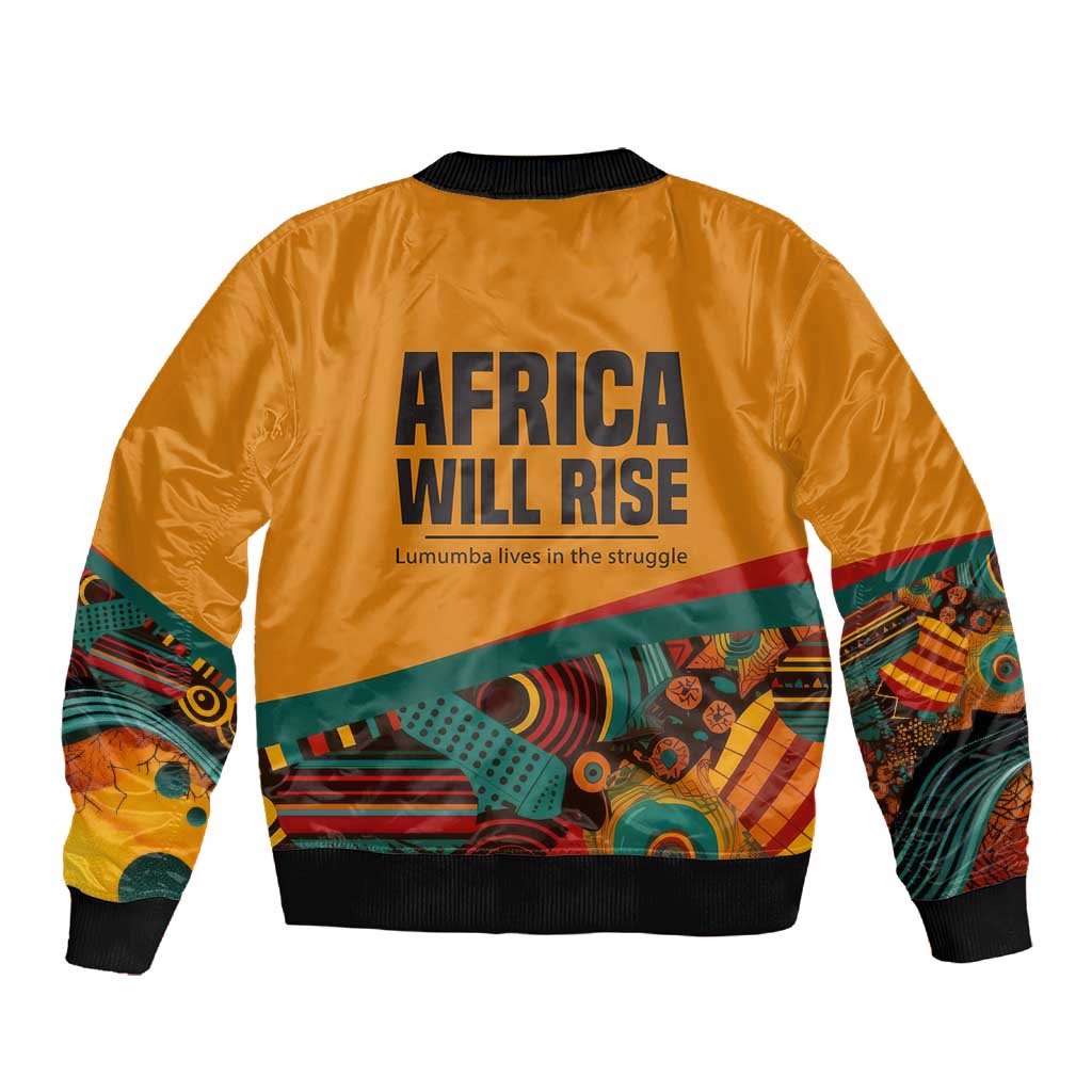 Patrice Lumumba Sleeve Zip Bomber Jacket with Profile Portrait and Bold Africa Will Rise Statement - African Pride