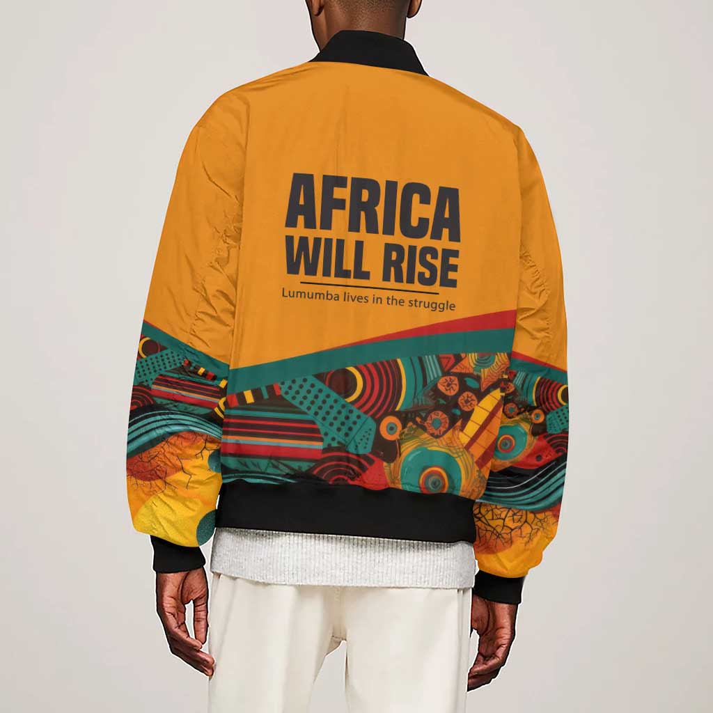 Patrice Lumumba Sleeve Zip Bomber Jacket with Profile Portrait and Bold Africa Will Rise Statement - African Pride