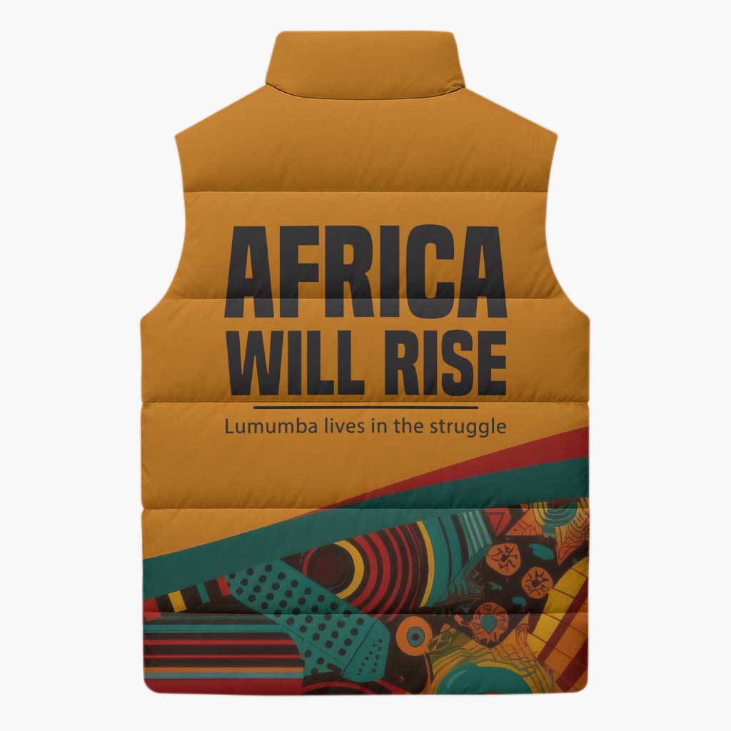 Patrice Lumumba Sleeveless Puffer Jacket with Profile Portrait and Bold Africa Will Rise Statement - African Pride