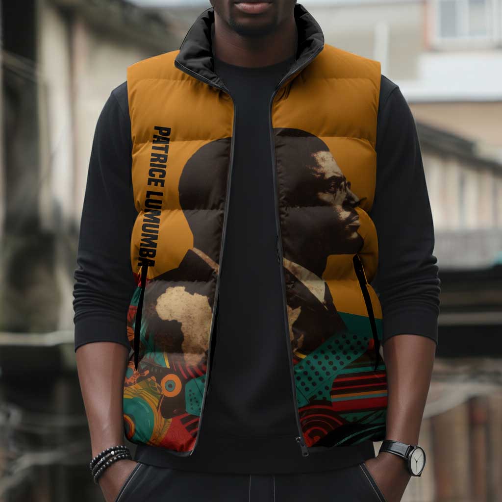 Patrice Lumumba Sleeveless Puffer Jacket with Profile Portrait and Bold Africa Will Rise Statement - African Pride