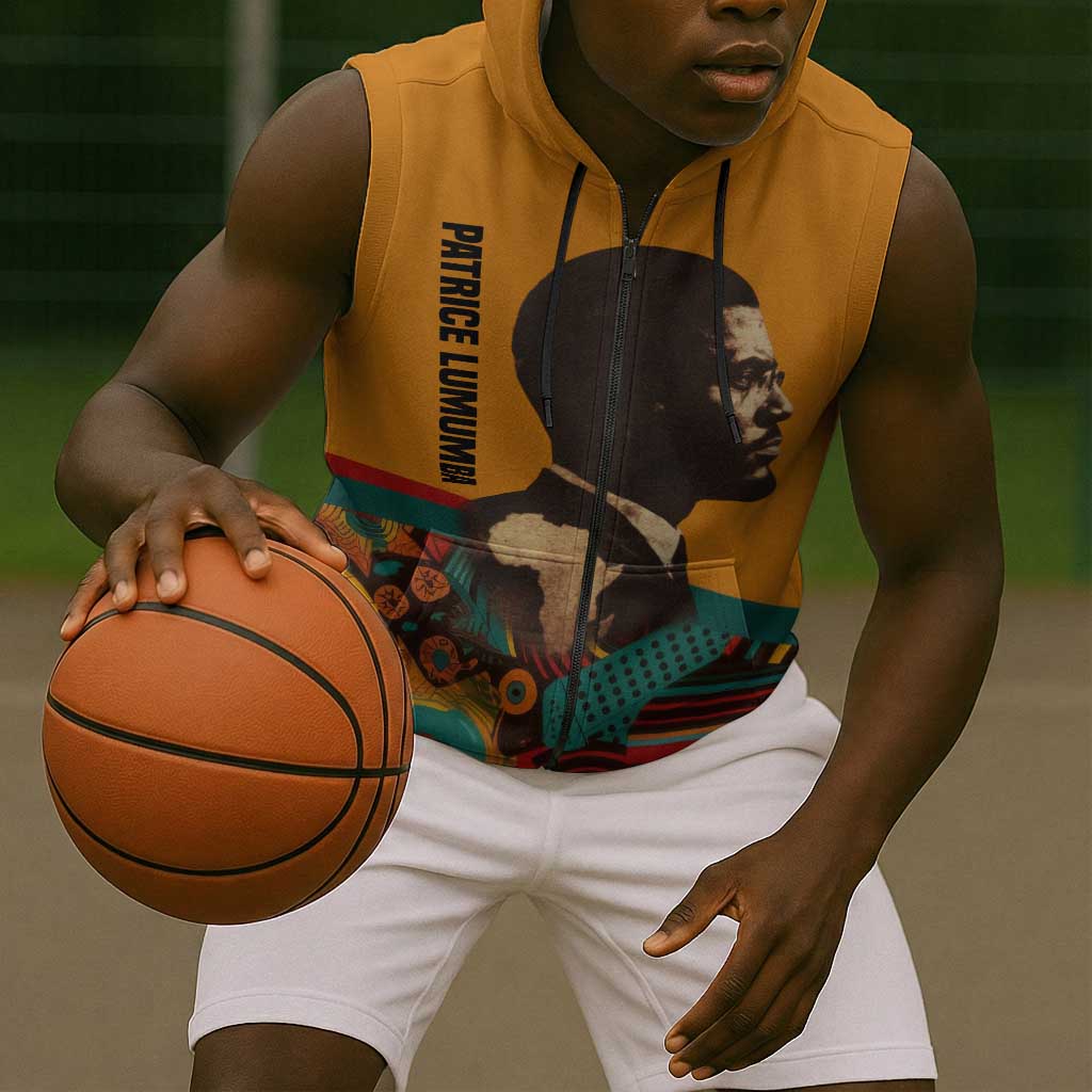 Patrice Lumumba Sleeveless Zip Hoodie with Profile Portrait and Bold Africa Will Rise Statement - African Pride